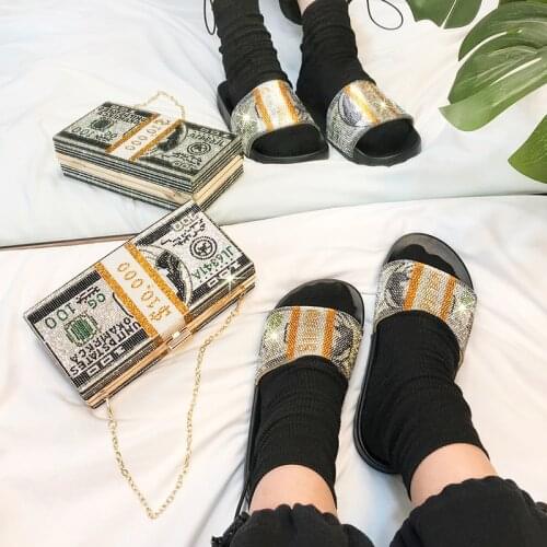 Fashion Shoes Designer Sandals 2021 Summer Fashion Dollar Rhinestone Flat Open-toe Sandals Slippers Female Outdoor Beach