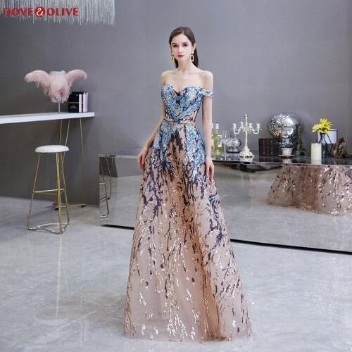 Fashionable Sequined Prom Dresses 2020 Women Off The Shoulder vestidos de Formal Party Elegant gala jurken Long Evening Gowns