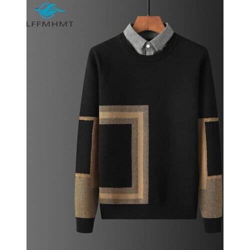 Men Winter Fall Fake Two Pieces Fleece Thick Knitting Sweaters Male Geometry Pattern Lapel Long Sleeve Trendy Pullover Knitwear
