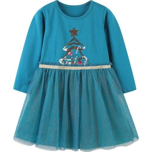 Jumping Meters New Years Party Dresses For Winter Baby Girls Clothes Tree Beading Tutu Princess Long Sleeve Costume Frocks