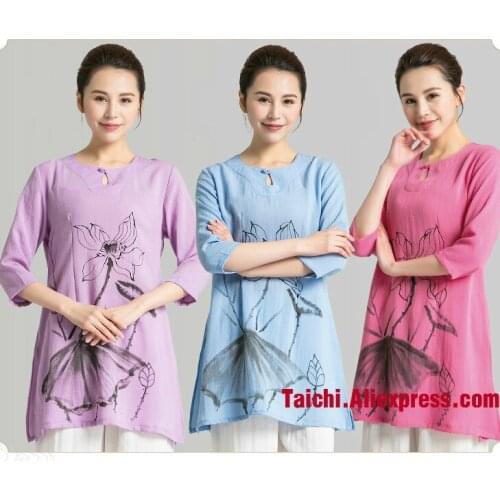 Hand Painted Leisure Chinese Style Tai Chi Uniform Flax Kung Fu Clothing Summer Breathable Part Sleeve Jacket Violet Pink Blue
