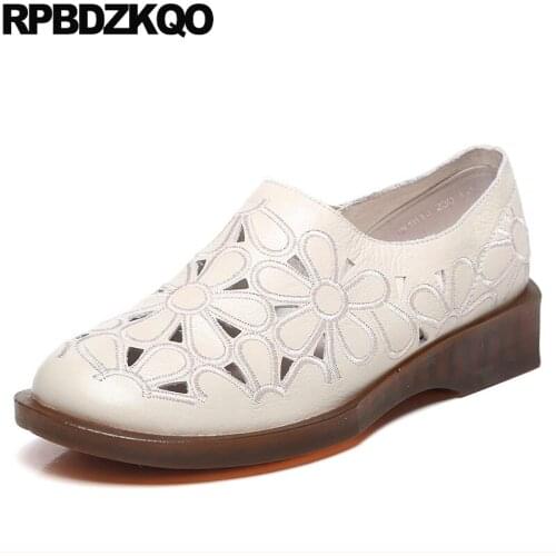 Handmade Cowhide Hollow Out White Vintage Traditional Chinese Shoes Breathable Ethnic Flower Floral Slip On Wedge Women Summer