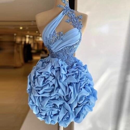 Blue Ball Gown Cocktail Dresses High Neck Lace Appliqurs Pick Up Short Prom Dress Ruched Sexy Back Party Gowns For Birthday