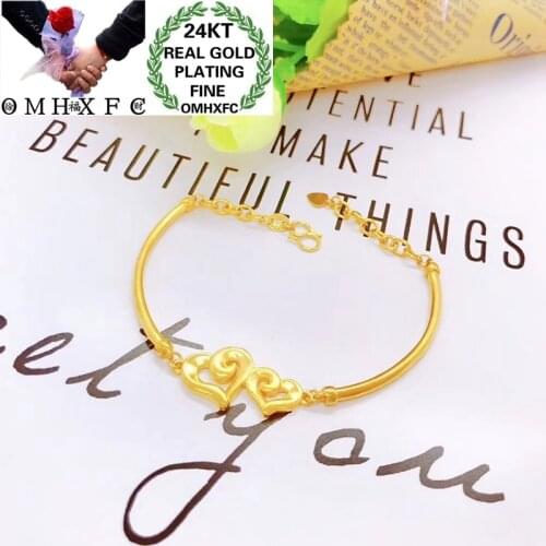 OMHXFC Jewelry Wholesale YM152 European Fashion Fine Woman Girl Party Birthday Wedding Gift Two Hearts 24KT Gold Bracelet Bangle