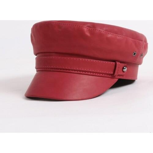 Fashion military hat women real leather hat ladies genuine leather captain hat