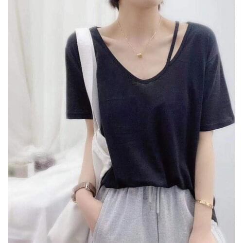 Summer Women T-shirt V-neck Off-shoulder Short Sleeve Soft T-shirts Solid Korean Fashion Casual All-match Tops Plus Size 3xl