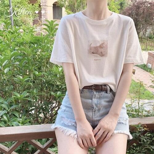 Sweet Y2k Women T-Shirt Vintage 90s Cat Print Tees Japanese Soft Girly O-Neck Top Kawaii Short-Sleeve Costume 2021 New Clothing