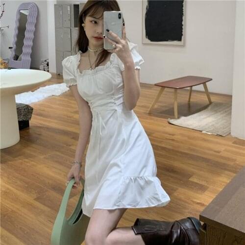 Dresses For Women White Puff Sleeve Dress Womens Summer 2021 Square Collar Skirt Vestido De Mujer Femme Robe