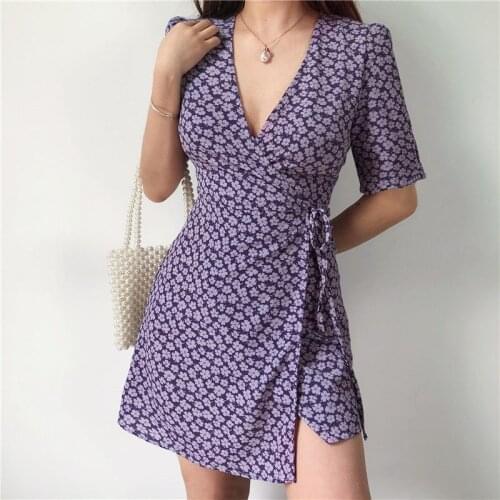 2021 Summer Sexy Women Floral Dresses V-neck Half Sleeve Sashes Dress with belt Mini Dress