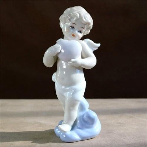 6.5'' Porcelain Love Cupid Figurine Ceramic Heart Angel Figure Miniature Tabletop Decoration Craftworks Ornament Gift Furnishing