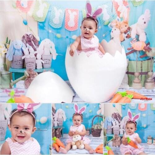 Rabbit newborn kids backdrop bunny toys cake smash photo background children baby wood blue door for photographic studio props
