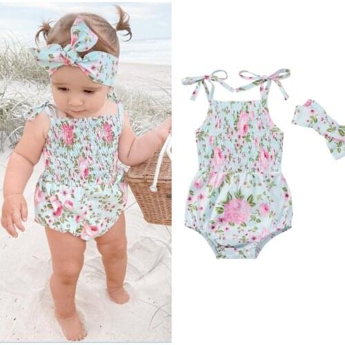 2Pcs Sweet Baby Girls Romper Outfit Toddlers Summer Floral Printing Sleeveless Suspender Jumpsuits+ Bow Headband Set