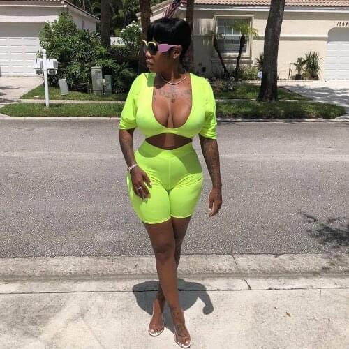 BKLD Two Piece Set Neon Green Top Shorts Sets Sexy V-neck Half Sleeve 2 Piece Bodycon Set 2019 Summer Clothes For Women Outfits