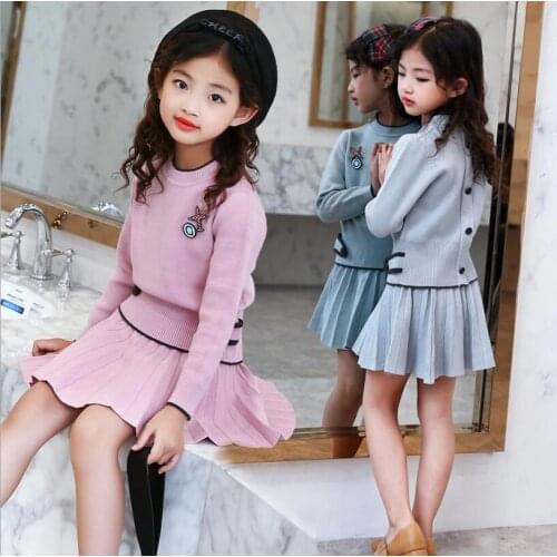 Girls Sets 2020 New Autumn Pink Knitted Suits Long Sleeve Sweater+Skit 2Pcs Kids Suits For 5 6 8 10 12 Years