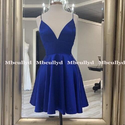 Mbcullyd 2020 Cheap Royal Blue Cocktail Dress V Neck A-line Short Mini Semi Club Wear Homecoming Party Gown Plus Size