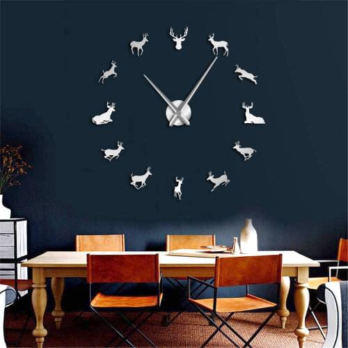 DIY Deer Head Giant Wall Clock Woodland Deer Hunter Modern Deer Antler Wall Clock Acrylic Mirror Effect Animals Home Decorations