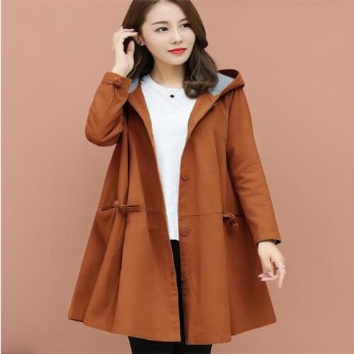 2019 Spring New Korean Hooded Solid Coat Pockets button High Waist Adjustable Jacket Windbreaker WomanHC111