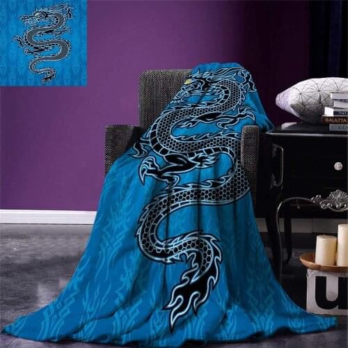 Japanese Dragon Throw Blanket Black Dragon on Blue Tribal Background Year of the Dragon Themed Art Warm Microfiber Blanket