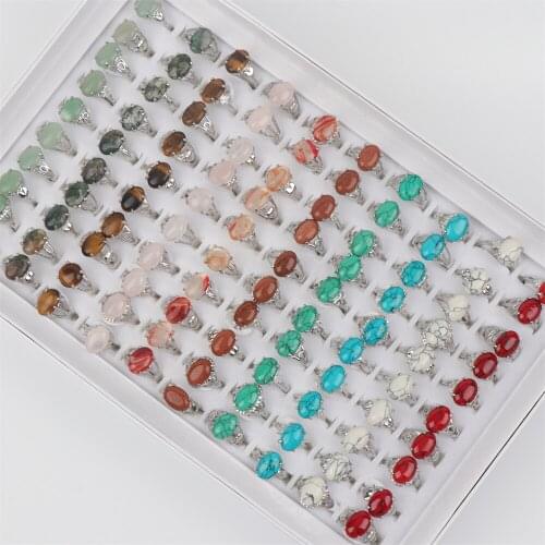 Wholesale 30pcs/lot Fashion Colorful Natural Stone Silver Plated Jewelry Rings For Women Mix Style Party Gifts