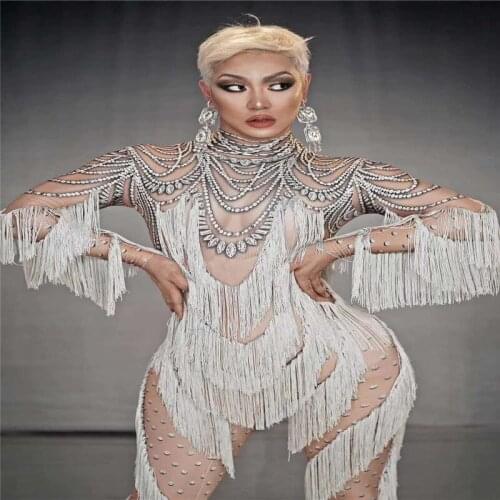 H41 Party Singer Tassel Backless Long Sleeve Diamond Show Fashion Tights Elasticity Stretched Hot Drill Ballroom Dance Dress Dj