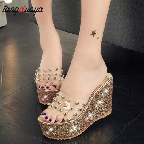 Transparent slippers woman shoes High Heel PVC Wedge Slippers Platform Beach Slippers Crystal Sandals Sexy gold Slipper 2021