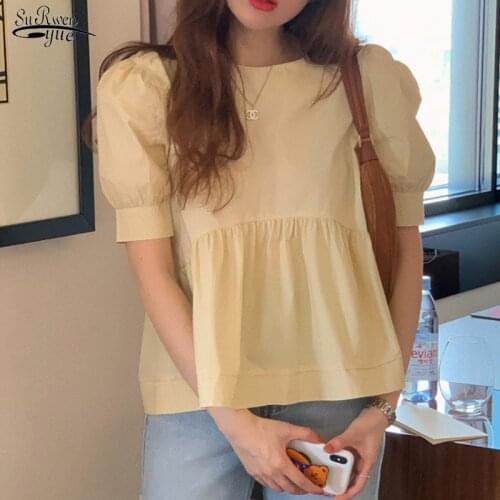 Summer New 2021 Korean Version Sweet Cute Round Collar Bubble Short Sleeve Shirt Solid Cotton Yellow Blouse Blusa Feminina 14832