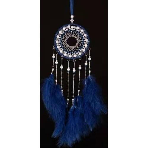 Navy Blue Dream Catcher Wall Decor Hanging Decoration with Feather and Beads12cm Iron Hoop