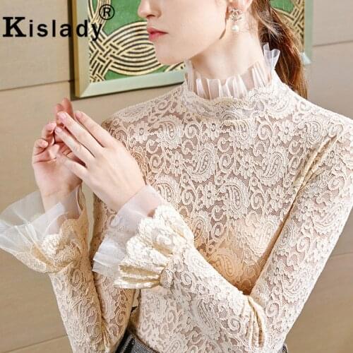 2020 Spring Winter Womens Ruffled Lace Turtleneck Collar Long Sleeve Blouse Plus Size XXXL OL Vintage Tops Sweet Korean Clothes