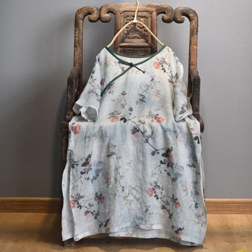 Women Loose Printed Ramie Blouse Tops Ladies Vintage Print Summer Ramie Shirt Long Tops Female 2020 Ramie Blouses