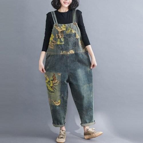 Women Casual Denim Overalls New 2020 Autumn Fashion Streetwear Vintage Print All-match Loose Comfortable Female Jeans S1765