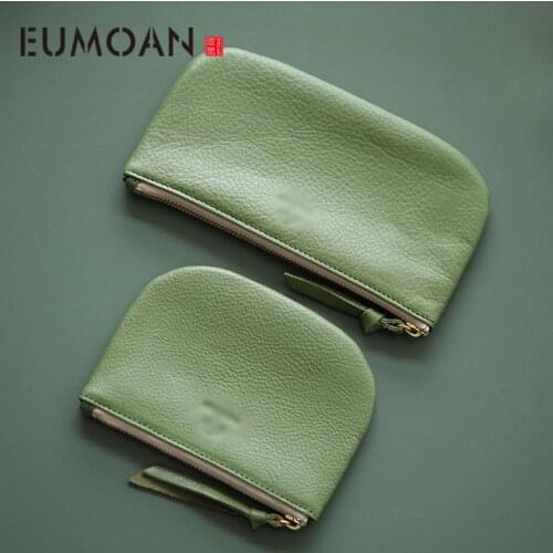 Womens leather zero wallet, cowhide zipper short small wallet, literary long handbag, mobile phone coin soft change bag