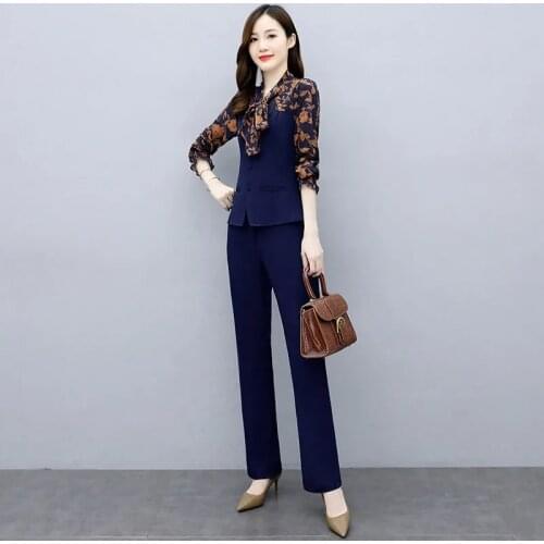 Fashion printing long sleeve Office Laddy Suit Women Korean slim big size 4XL Wide Leg Pants sets Ladies spring Two Piece Set