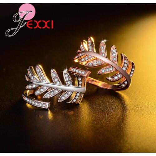 Women 925 Silver Or Rose Gold Color Ring With Feather Style Fashion Design Cubic Zircon Rings Jewelry Birthday Gift