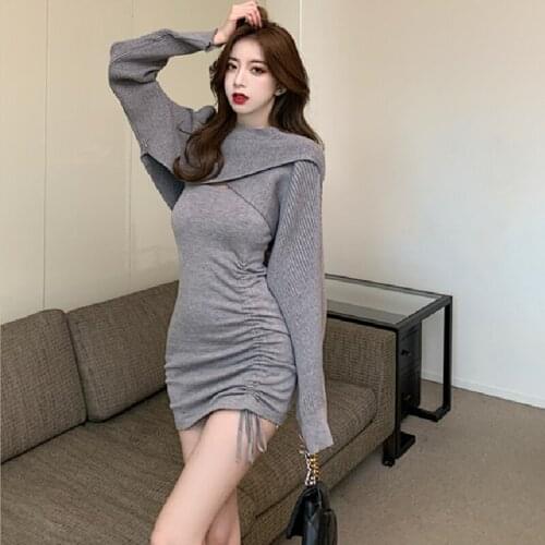 French Dress Sling Female Pleated Drawstring Bottoming Cross Fashion Two-Piece Suit Autumn Winter Sweater Korean Fairy Vestidos