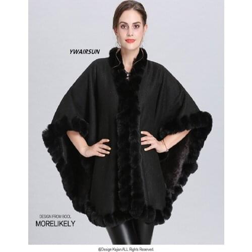 YWAIRSUN Womens plus velvet imitation fox fur collar knit cardigan shawl black curled poncho cape coat Female gift to keep warm