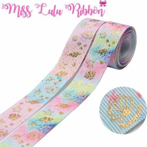 1"25mm Hologram Gold Foil Shell Starfish Printed Grosgrain Ribbon Heart Bowknots DIY Hair Band Gift Packing 50yards/roll