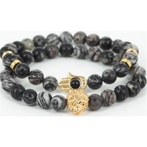 2pcs natural network round stone beads men hamsa hand bracelet beaded lion head women bracelet fine jewelry as a gift