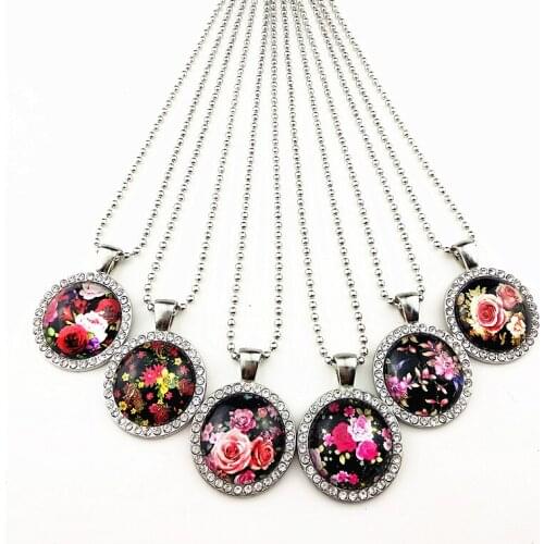 24pcs/lot New styles Red blue black Rose lotus Daisy, dried flower rhinestone pendant Ancient silver necklace sweater chain