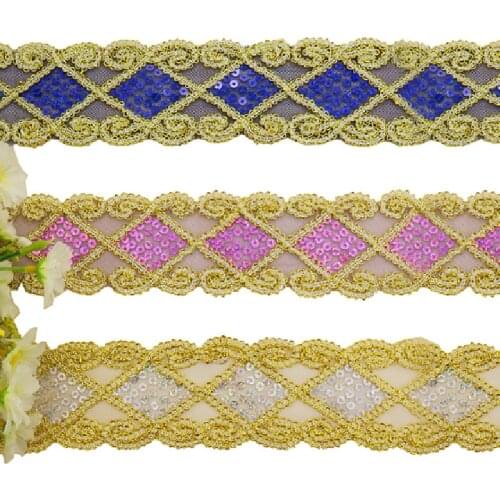 YACKALASI 9 Yds/Lot Gold Sequined Lace Ribbon Band Sewing Trims Sequin Embroidered Lace Appliques Belt Squared Floral 2''Wide