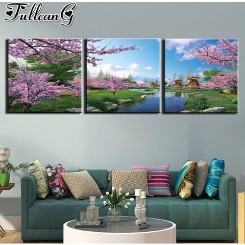 FULLCANG 5d diy diamond embroidery Spring park scenery triptych painting full square round mosaic pattern kit home decor FC2848