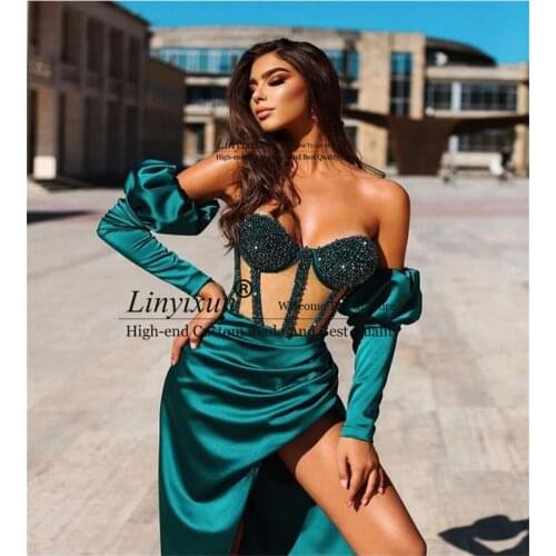 Shiny Sequines Mermaid Emerald Green Prom Dresses Satin Sweetheart Side Side Sexy Prom Gowns Long Formal Evening Party Dress