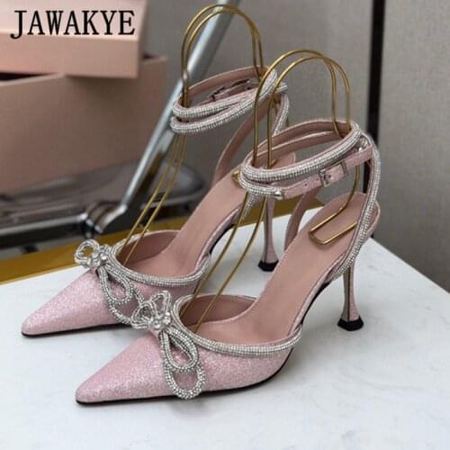 Sexy Sequins Crystal High Heels Women Sandals Pointy Toe Ankle Cross Tied Wedding Bride Shoes Rhinestone Shallow Runway Sandals