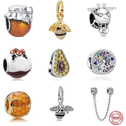 Hot Sale Honey Jar Bead Flower Safety Chain Bee Pendant Charm Fit Pandora Original Sterling Silver 925 Bracelet For Jewelry Gift