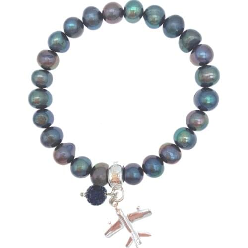 8-9mm Freshwater Round Pearl Bracelet With Sparkle Ball Silver Airplane Charm Stretchy Jewelry For Women Girls Gifts 7.5 Inch