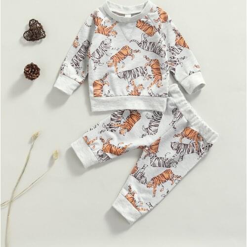 FOCUSNORM 0-24M Causal Baby Boys Clothes Sets 2pcs Cartoon Animal Printed Long Sleeve Pullover Sweatshirt Tops Pants