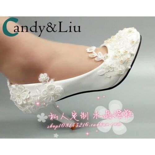 Lace flower wedding shoes Bride Bridesmaid Pearl Wedding dress photo salutation adult ceremony high heel waterproof platform
