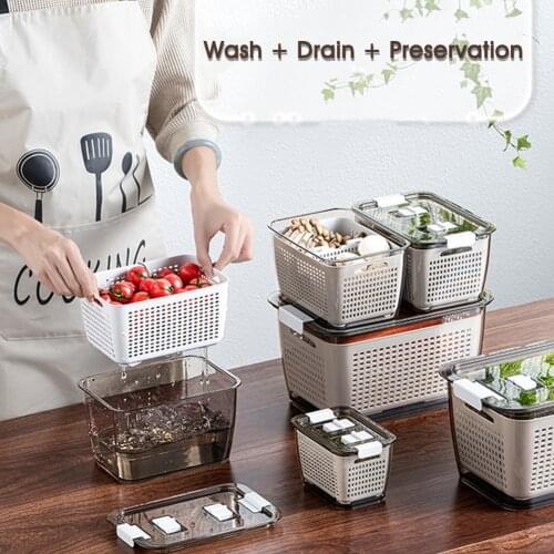 Kitchen Plastic Storage Box Fresh-Keeping Box Refrigerator Fruit Vegetable Drain Crisper Kitchen Storage Containers With Lid