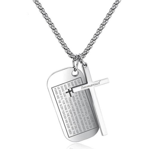 Stainless Steel Religious Christ Bible Verse Cross Dog Tag Pendant Necklace Jewelry Gift For Him with Chain