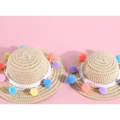 Dog Cat Summer Hats with Colorful Pompom or Flower Outdoor Beach Party Straw Woven Wide-brimmed Caps Pet Supplies, 4 Types
