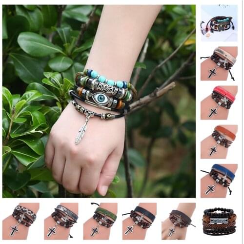 Retro Multilayer Leather Braided Wrap Bracelet Metal Pendant Wooden Beads Bracelets Woman Men Vintage Punk Wrap Wristband Gift